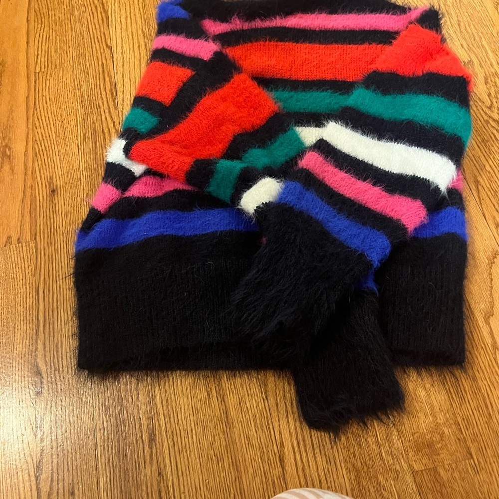 a new day Black Fuzzy Sweater with Multicolor Stripes